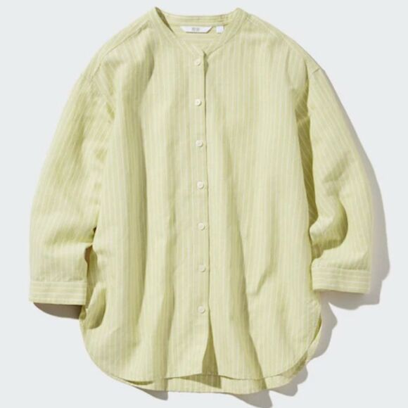 Uniqlo Linen Blend Striped Button Down Shirt Medium 3/4 Sleeve Band Collar Green - Picture 11 of 11